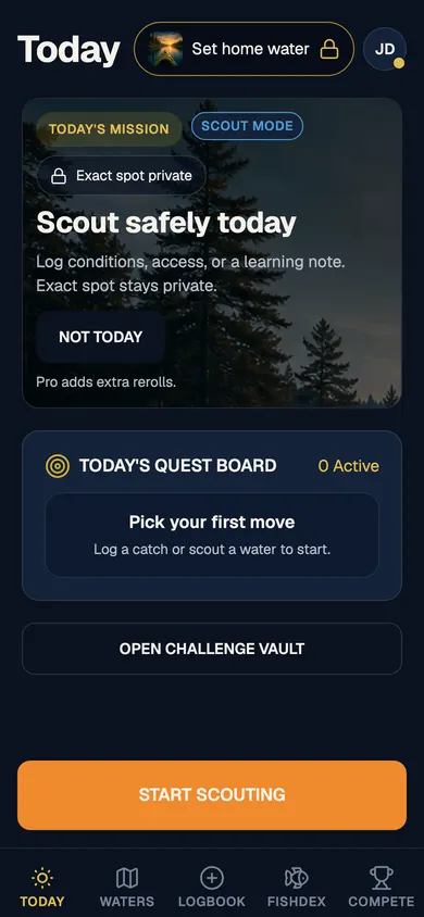 TackleDex Today screen with mission and quest board