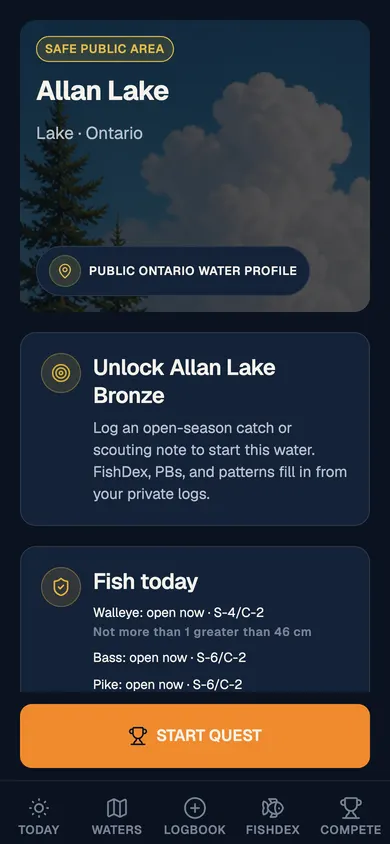 TackleDex water page showing zone seasons and stocking